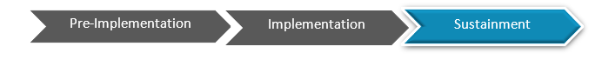 Picture of three arrows that read preimplementation, implementation, and sustainment and the preimplementation arrow is in color